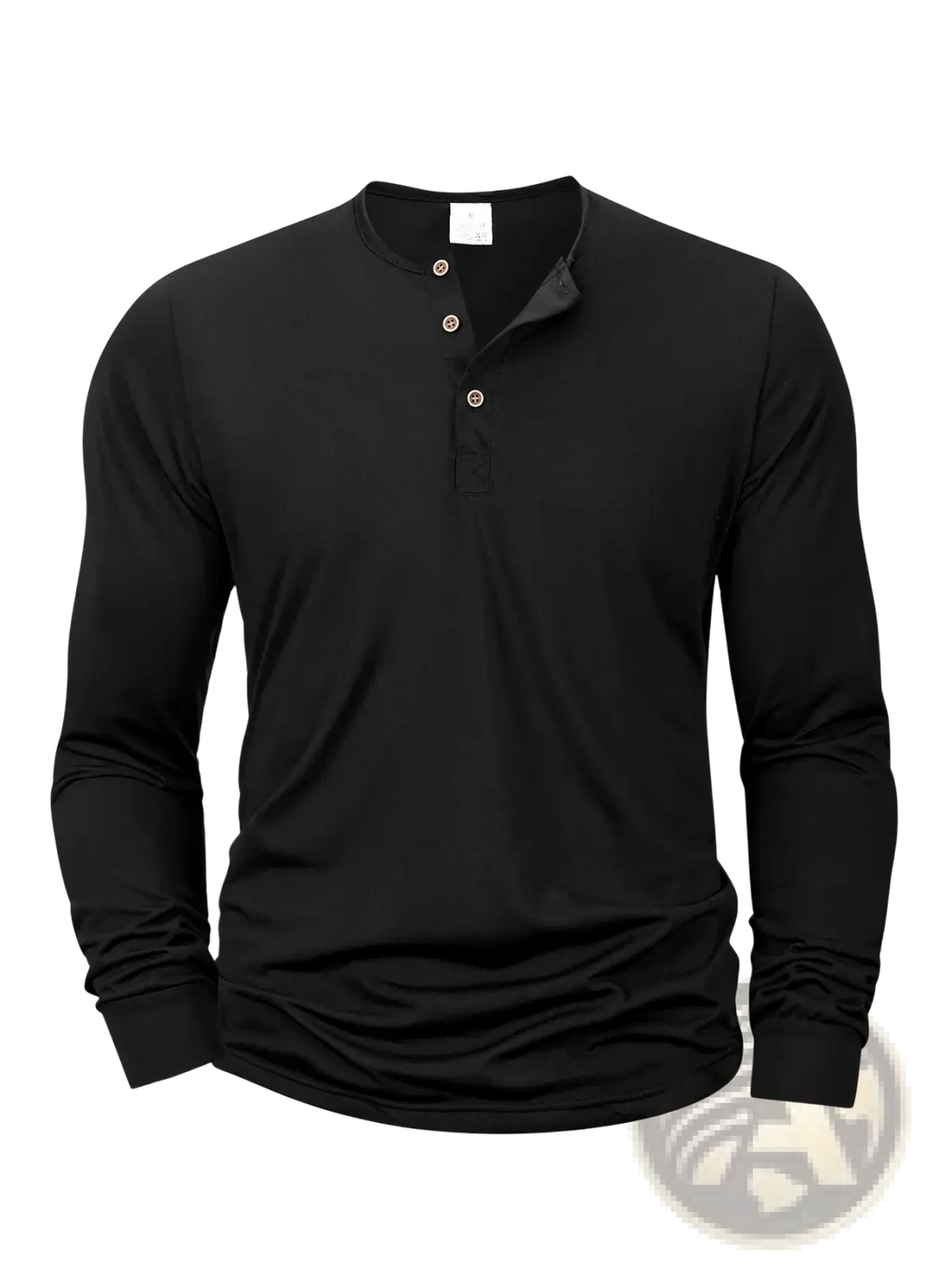 Men long sleeve henley shirt in black featuring three metallic buttons and a subtle ribbed collar for casual wear