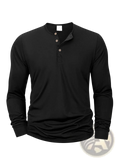 Men long sleeve henley shirt in black featuring three metallic buttons and a subtle ribbed collar for casual wear