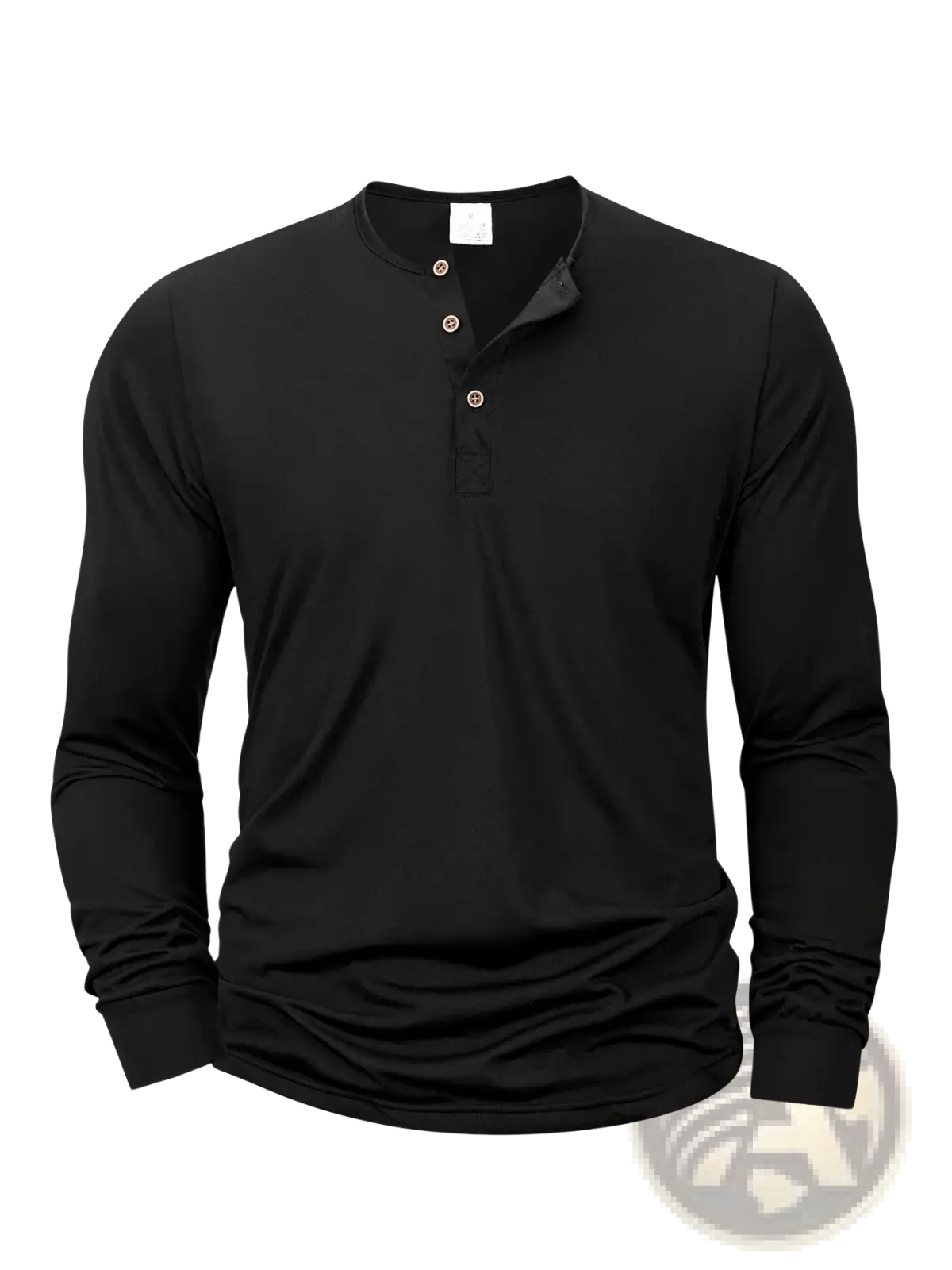 Men long sleeve henley shirt in black featuring three metallic buttons and a subtle ribbed collar for casual wear