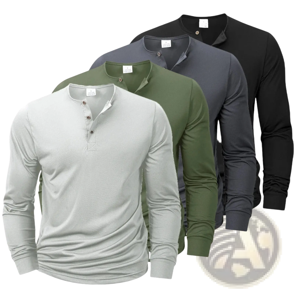 Men long sleeve henley shirt casual basic pullover in muted tones including light gray olive green dark gray and black
