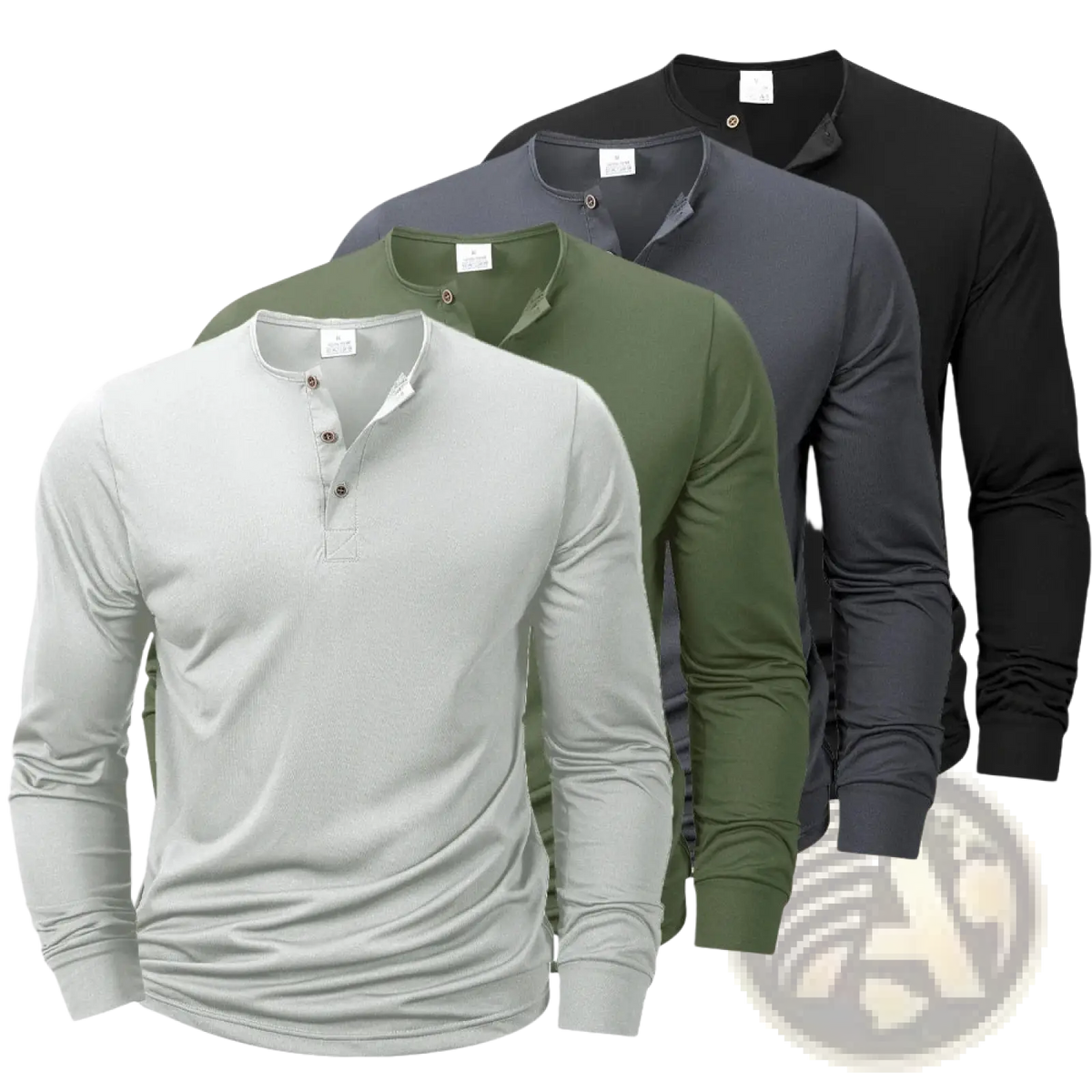 Men long sleeve henley shirt casual basic pullover in muted tones including light gray olive green dark gray and black