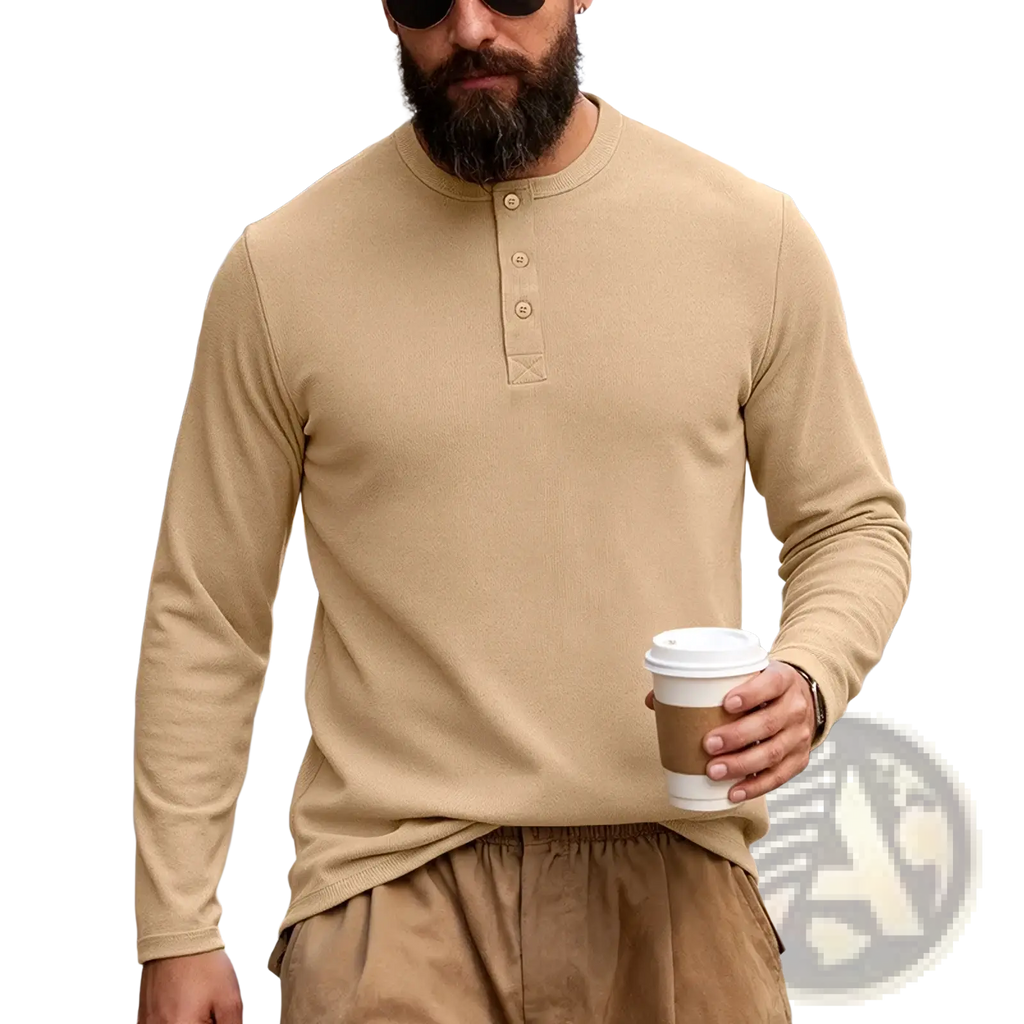 Beige men long sleeve henley shirt with three buttons and ribbed collar casual solid pullover top
