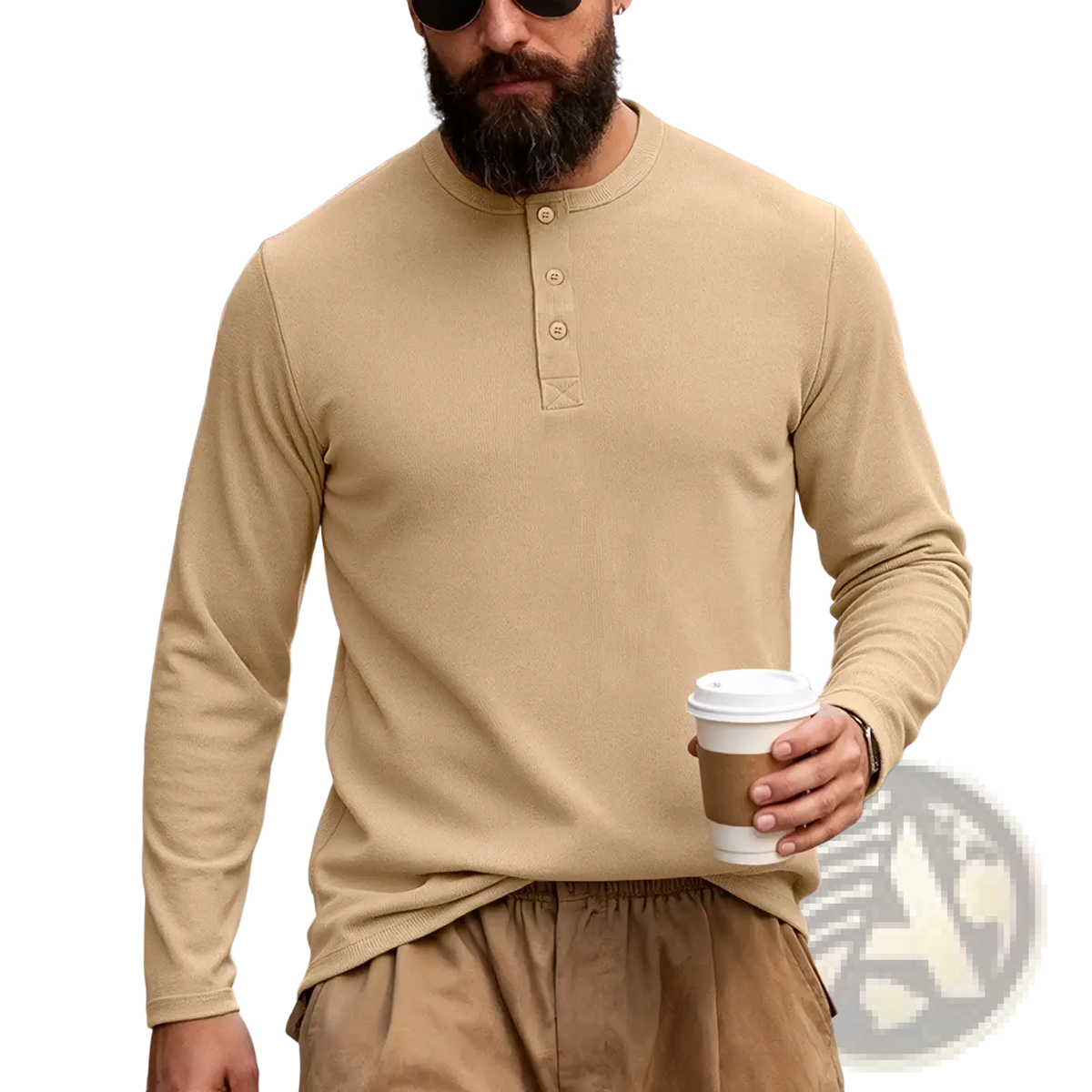 Beige men long sleeve henley shirt with three buttons and ribbed collar casual solid pullover top