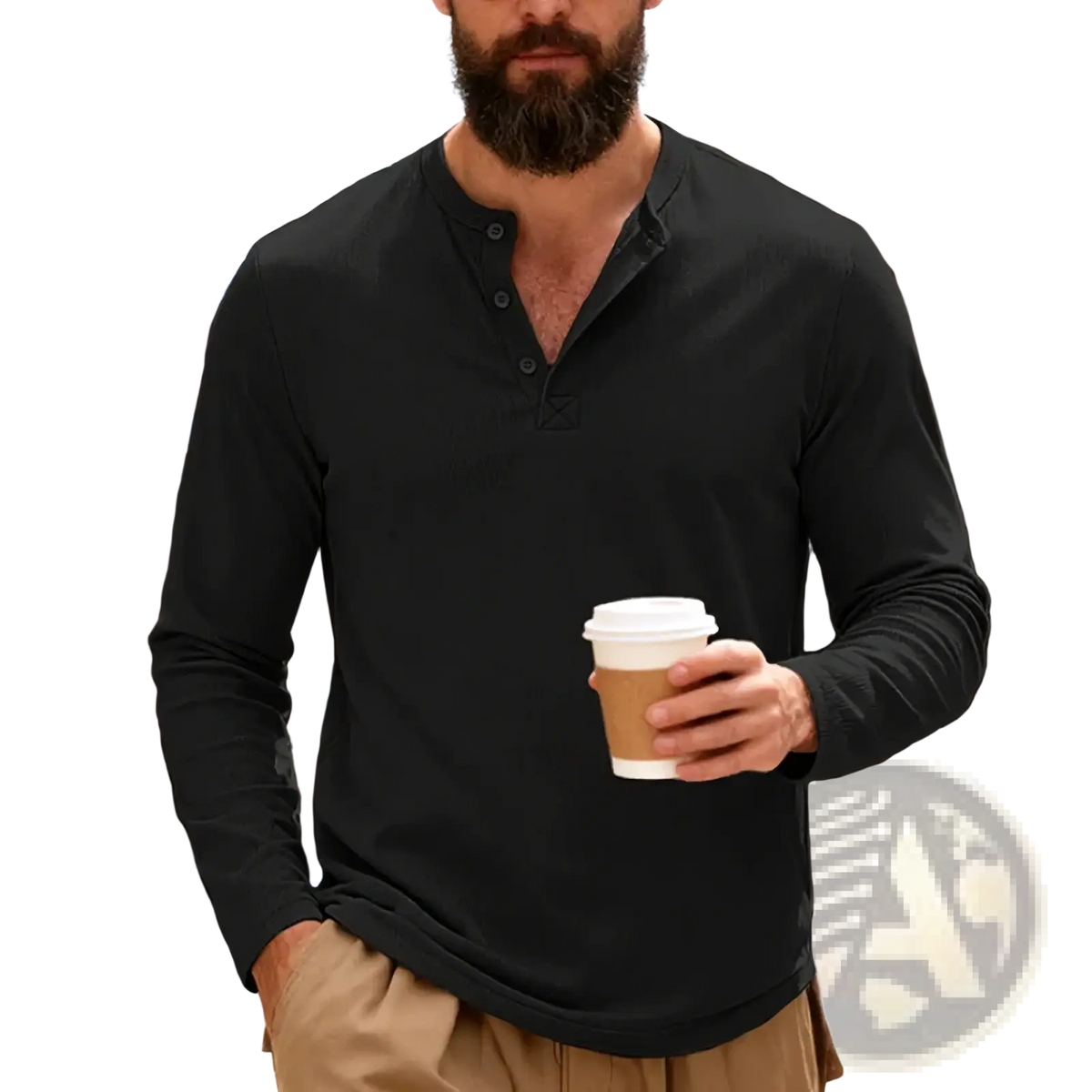 Men long sleeve henley shirt in black with buttoned placket and relaxed fit casual solid pullover top