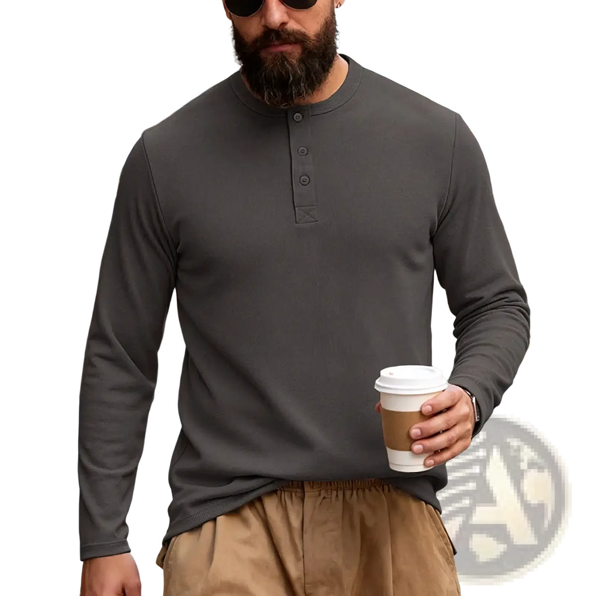 Men long sleeve henley shirt dark gray with buttoned placket ribbed texture casual solid pullover top