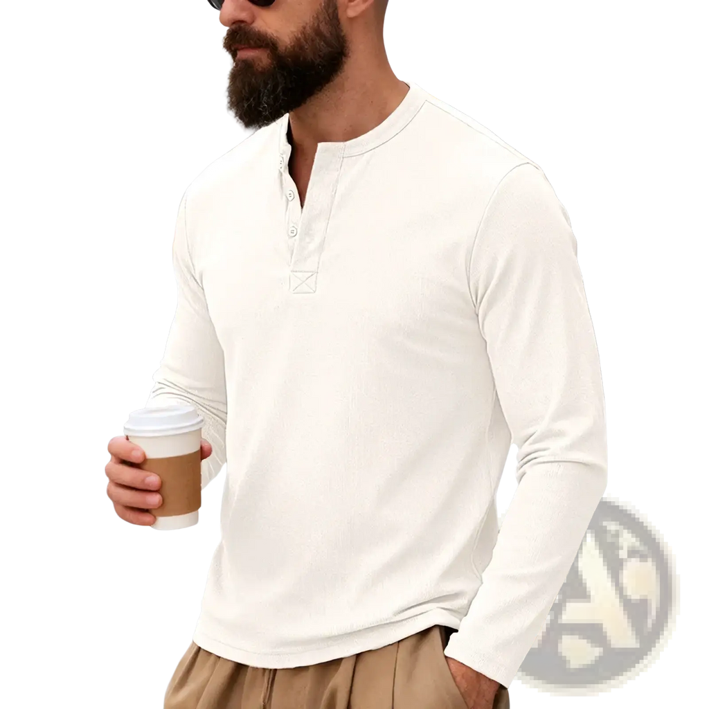 A cream-colored ribbed long sleeve henley shirt with a subtle button placket for casual wear