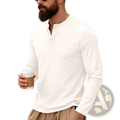 A cream-colored ribbed long sleeve henley shirt with a subtle button placket for casual wear
