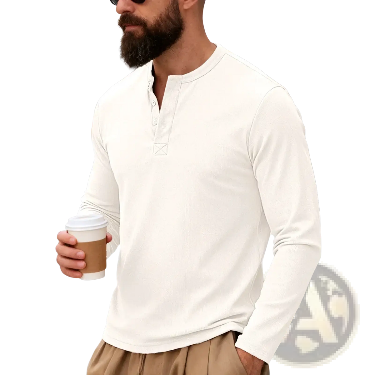 A cream-colored ribbed long sleeve henley shirt with a subtle button placket for casual wear