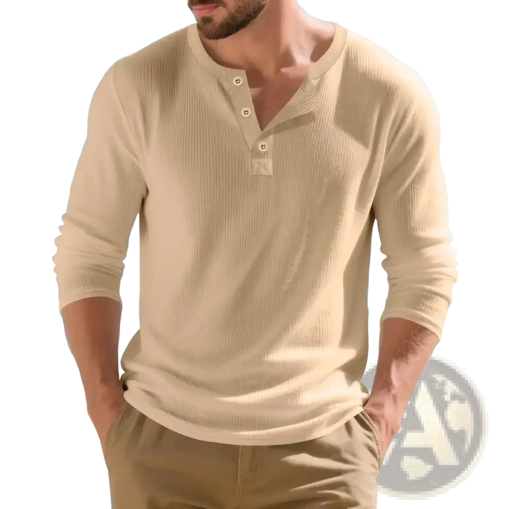 Beige ribbed long sleeve henley shirt for men with three matching buttons casual top in soft fabric