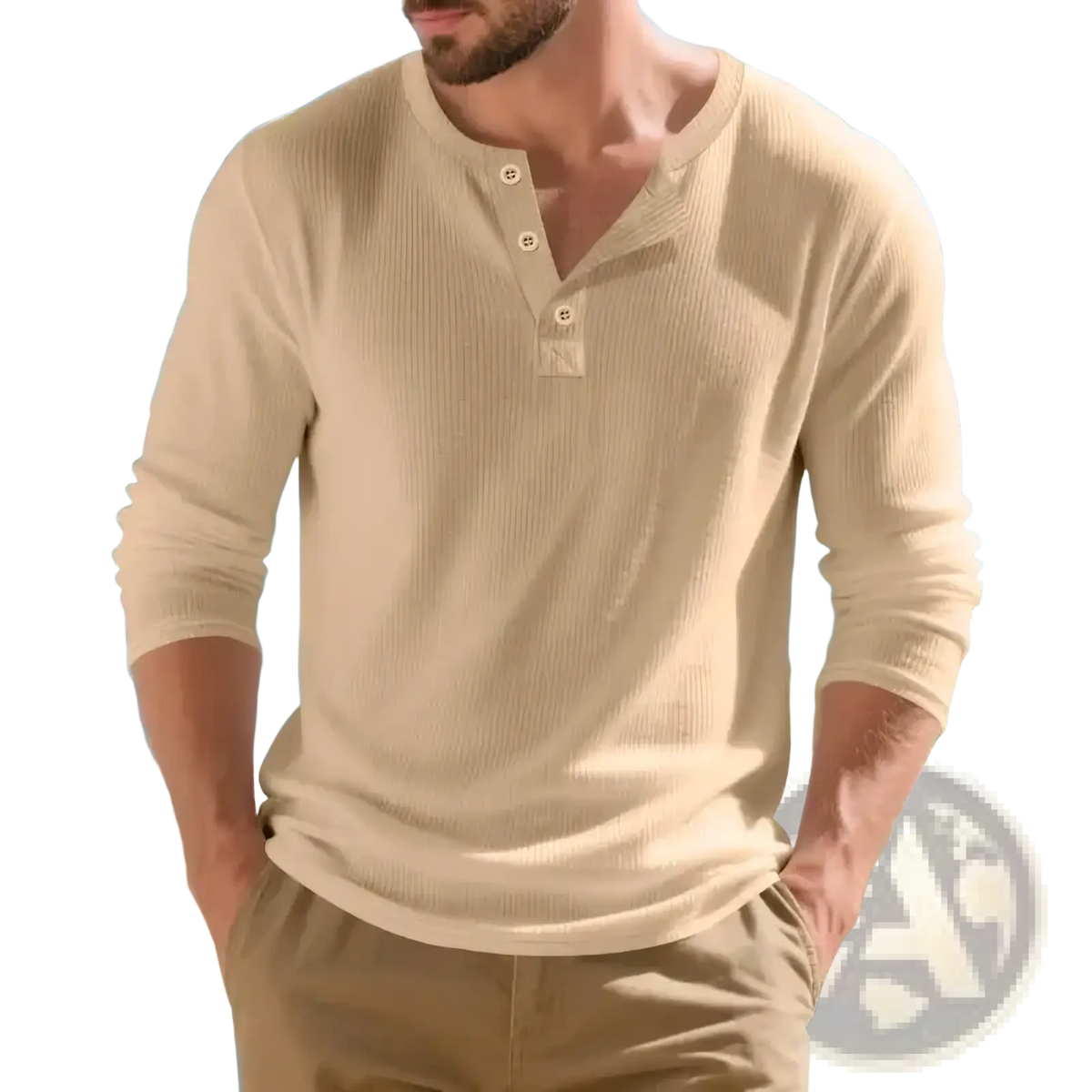 Beige ribbed long sleeve henley shirt for men with three matching buttons casual top in soft fabric