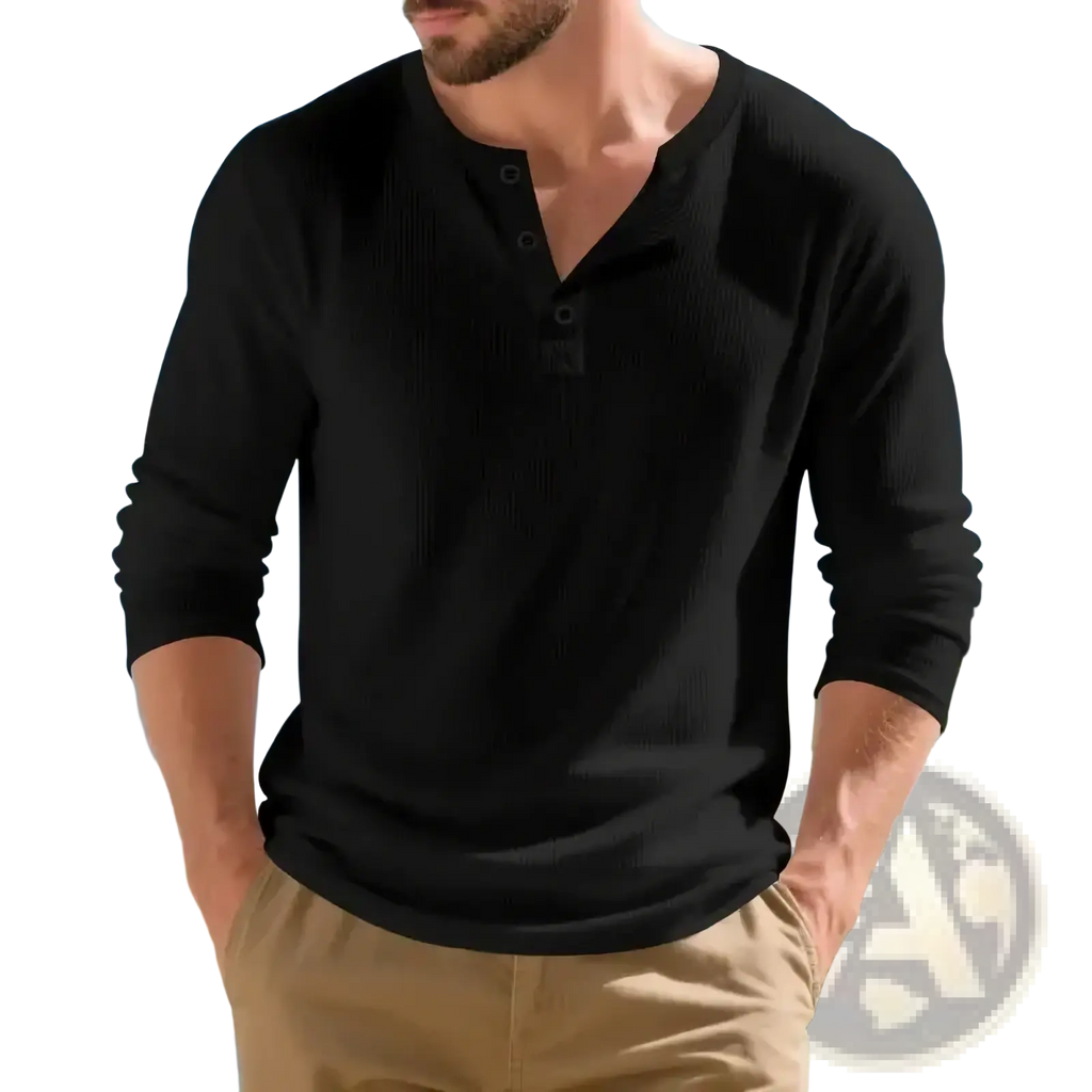 Black long sleeve henley shirt with ribbed texture and button placket casual top for men