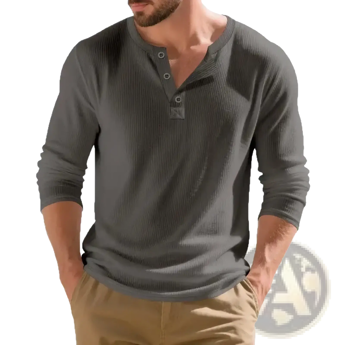 Men long sleeve henley shirt ribbed casual top in dark gray with three button neckline made of ribbed fabric