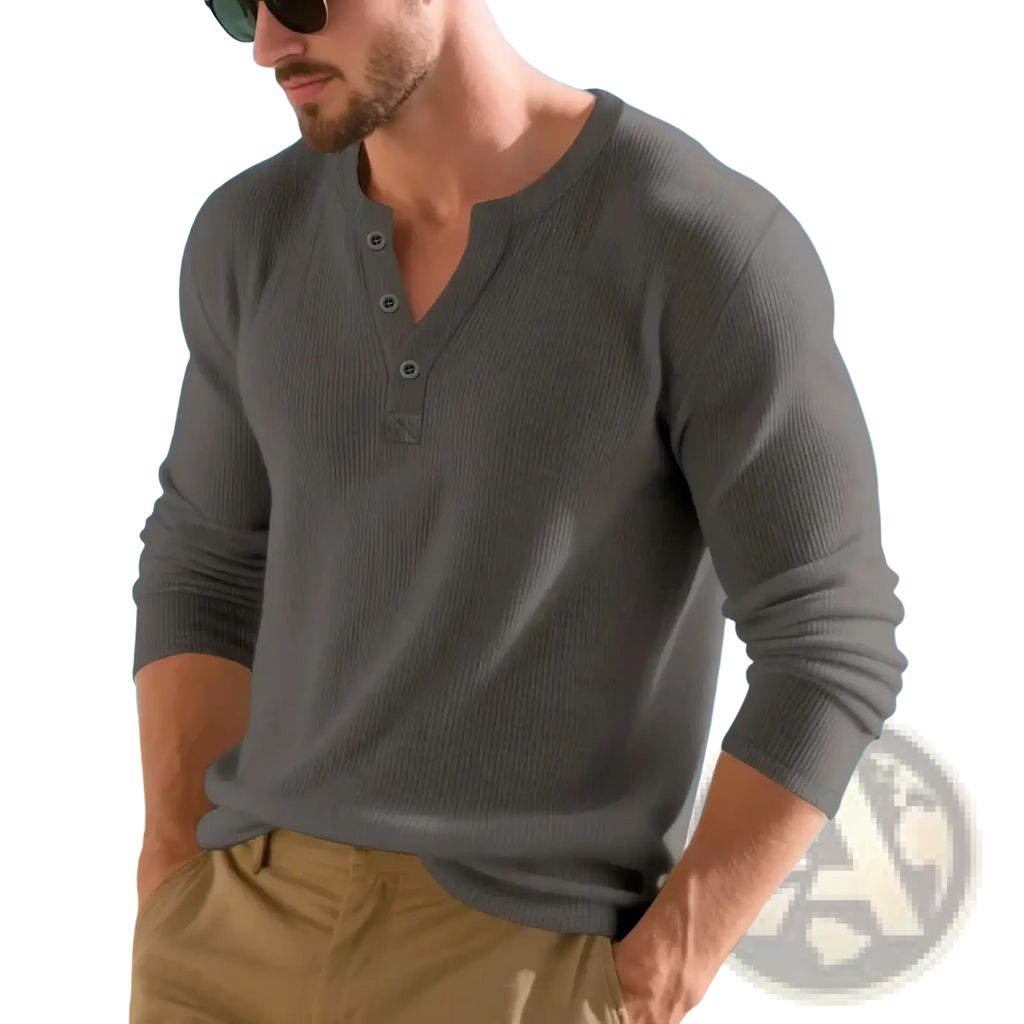 Men long sleeve henley shirt ribbed casual top in gray with a buttoned placket made from ribbed fabric