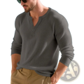 Men long sleeve henley shirt ribbed casual top in gray with a buttoned placket made from ribbed fabric