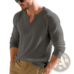 Men long sleeve henley shirt ribbed casual top in gray with a buttoned placket made from ribbed fabric
