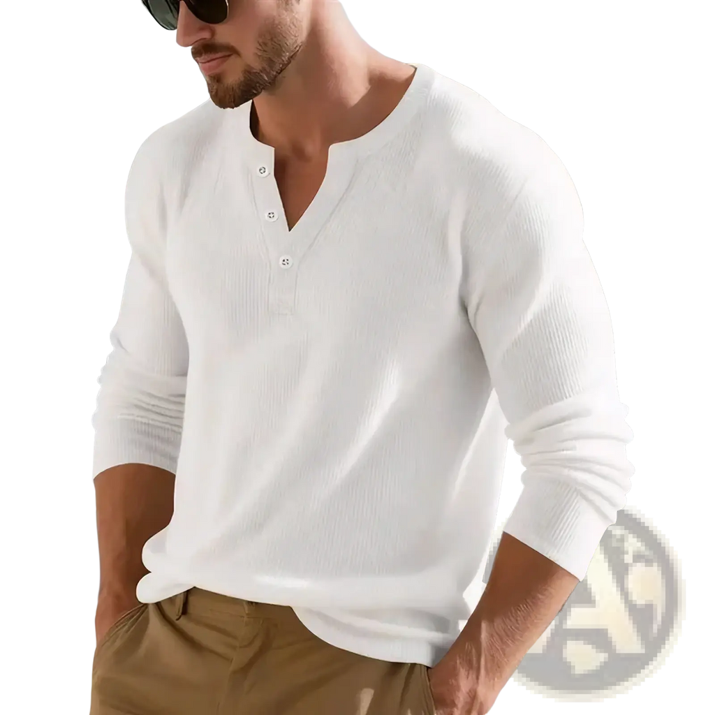Men long sleeve henley shirt ribbed casual top in white with v-neck and button placket in ribbed fabric