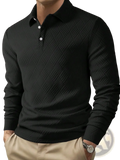 Men long sleeve herringbone polo shirt in black with subtle texture and white buttons for stylish casual wear