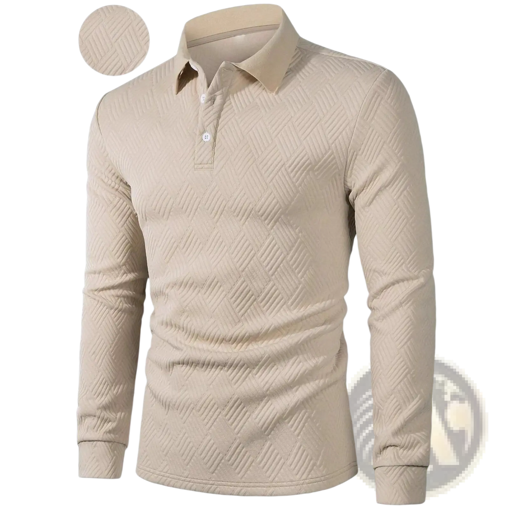 Men long sleeve herringbone polo shirt in beige with subtle texture and white buttons for casual wear