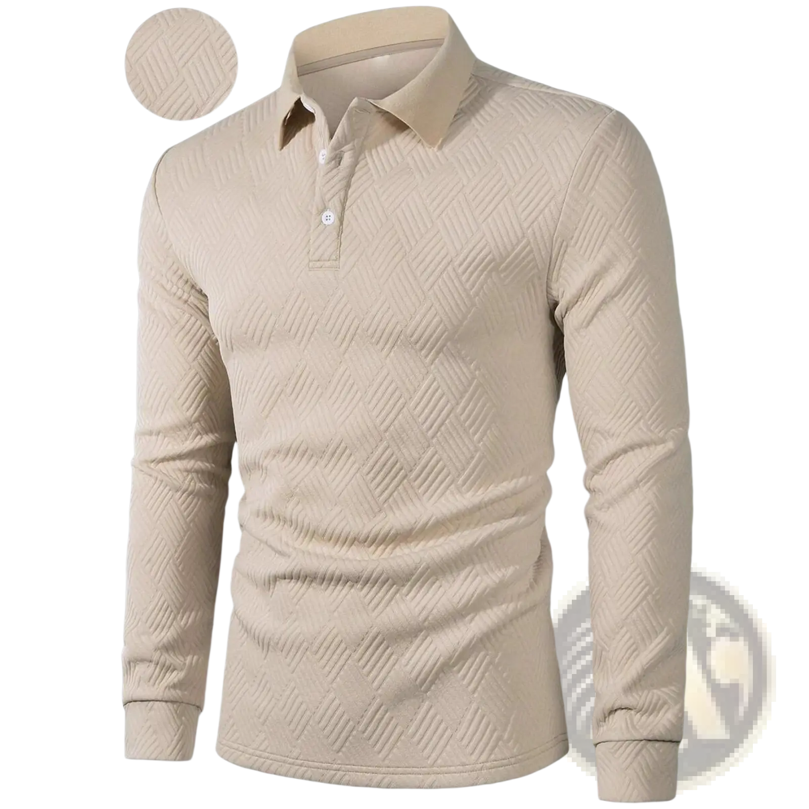 Men long sleeve herringbone polo shirt in beige with subtle texture and white buttons for casual wear