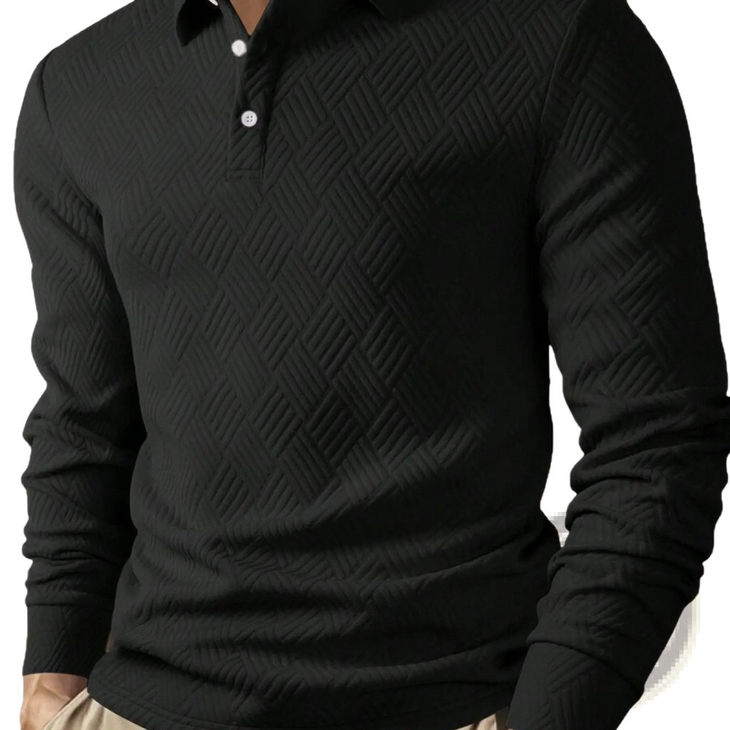 Men long sleeve herringbone polo shirt in black with textured diamond pattern and white buttons for formal wear