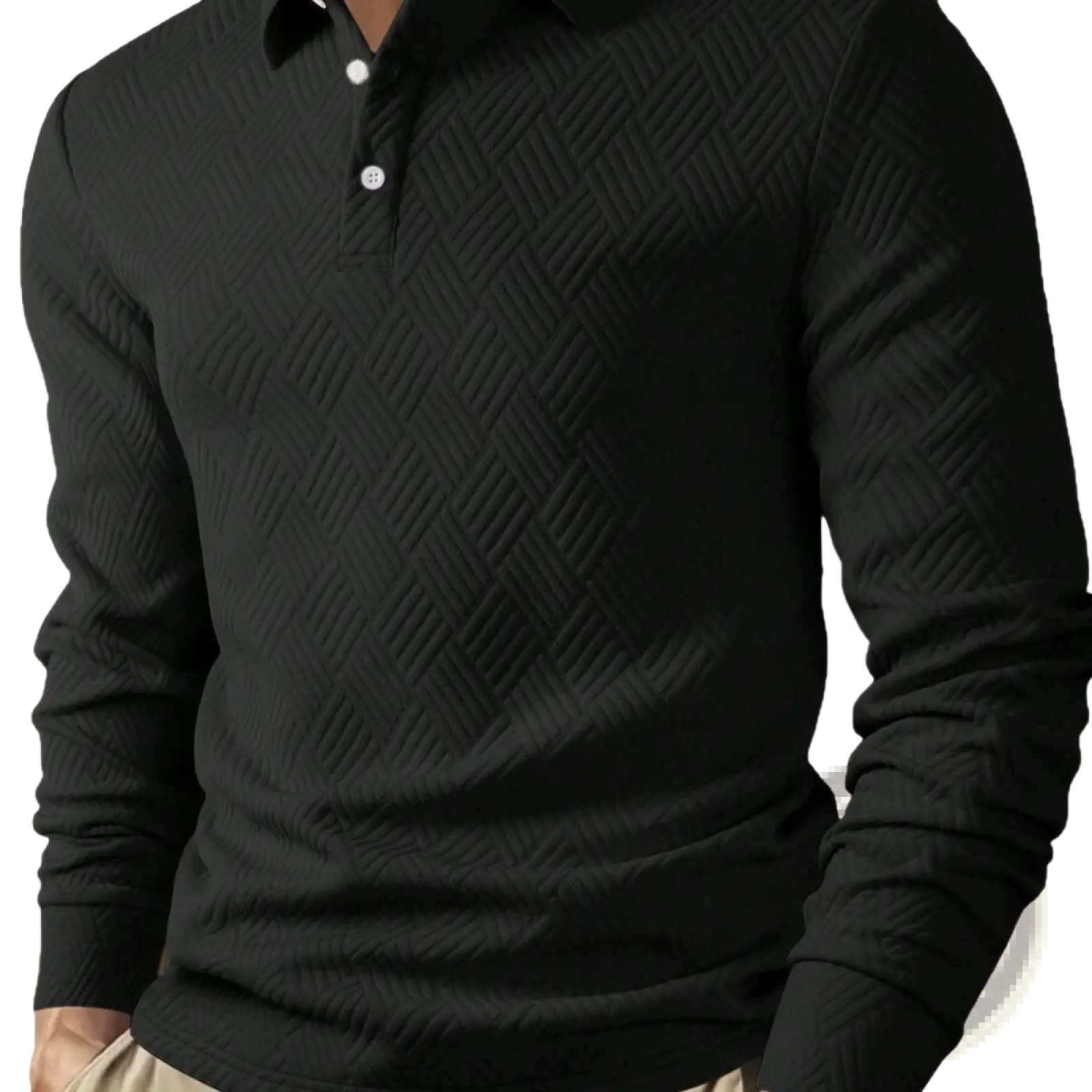 Men long sleeve herringbone polo shirt in black with textured diamond pattern and white buttons for formal wear