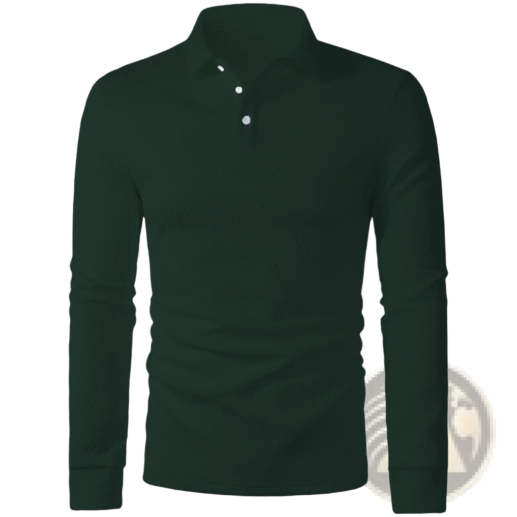 Men long sleeve herringbone polo shirt in dark green with white buttons made from textured fabric