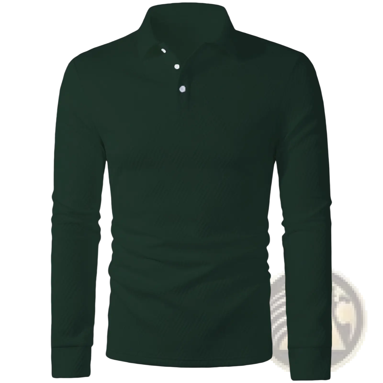 Men long sleeve herringbone polo shirt in dark green with white buttons made from textured fabric