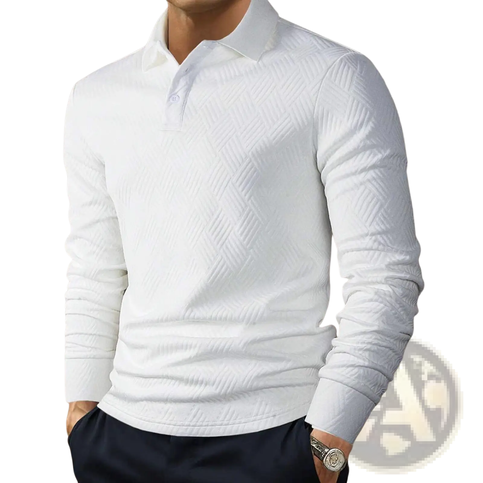Men long sleeve polo shirt in white with subtle herringbone texture and classic collar for formal and casual wear