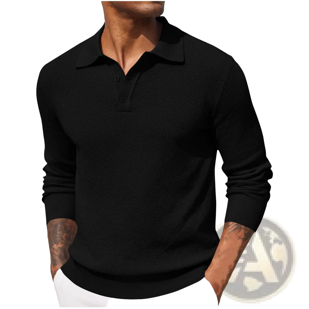 Men long sleeve knit polo shirt in black with textured weave and two-button placket made of knit fabric