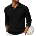 Men long sleeve knit polo shirt in black with textured weave and two-button placket made of knit fabric