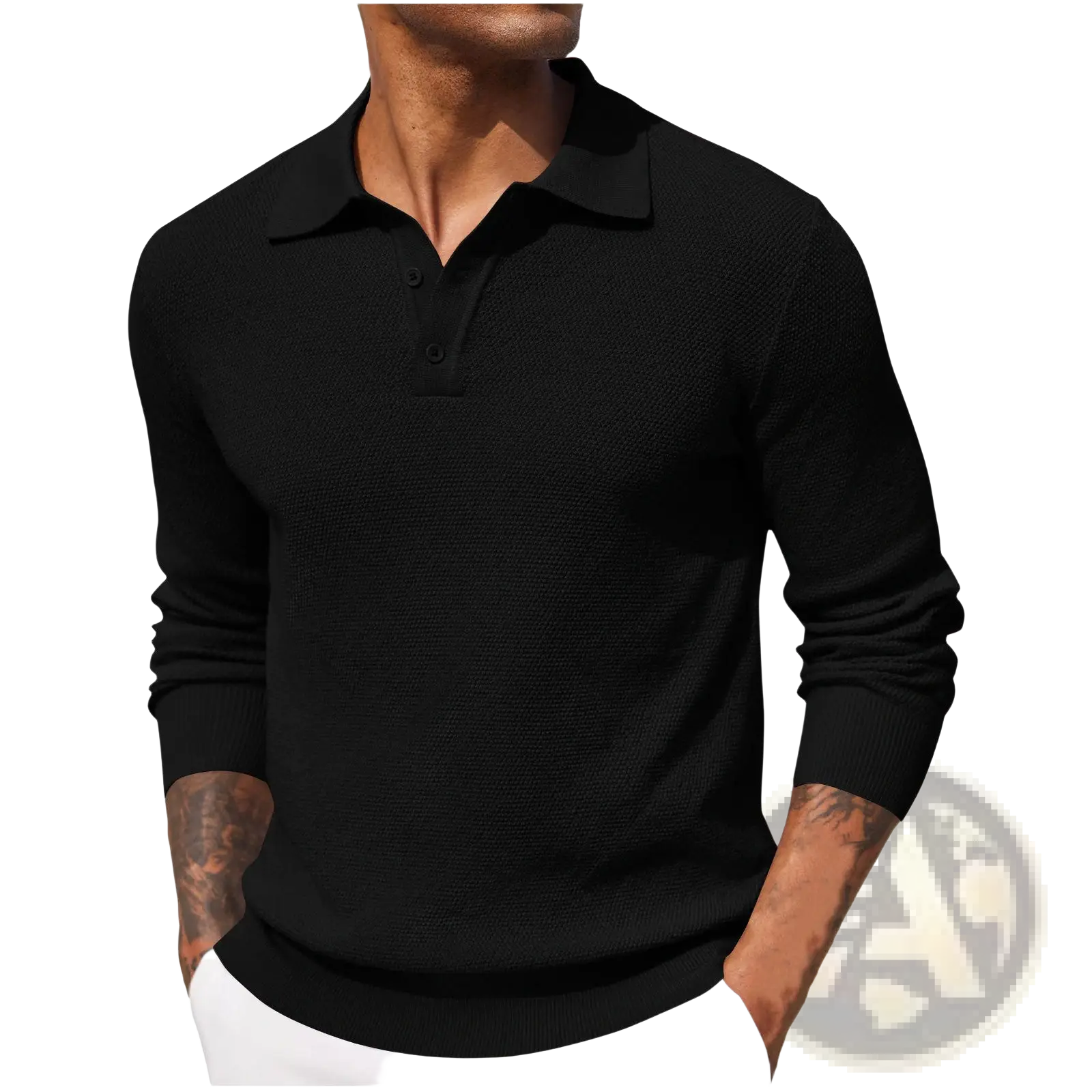 Men long sleeve knit polo shirt in black with textured weave and two-button placket made of knit fabric