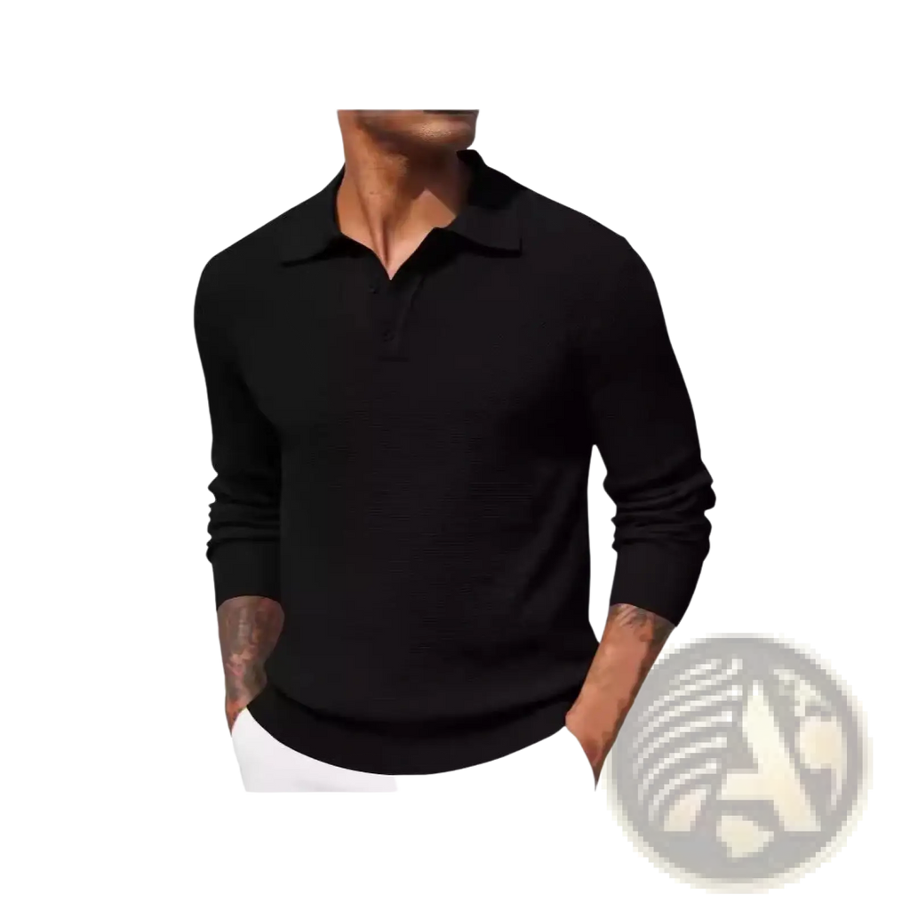 Men long sleeve knit polo shirt in black with classic collar and ribbed cuffs perfect for casual and formal wear