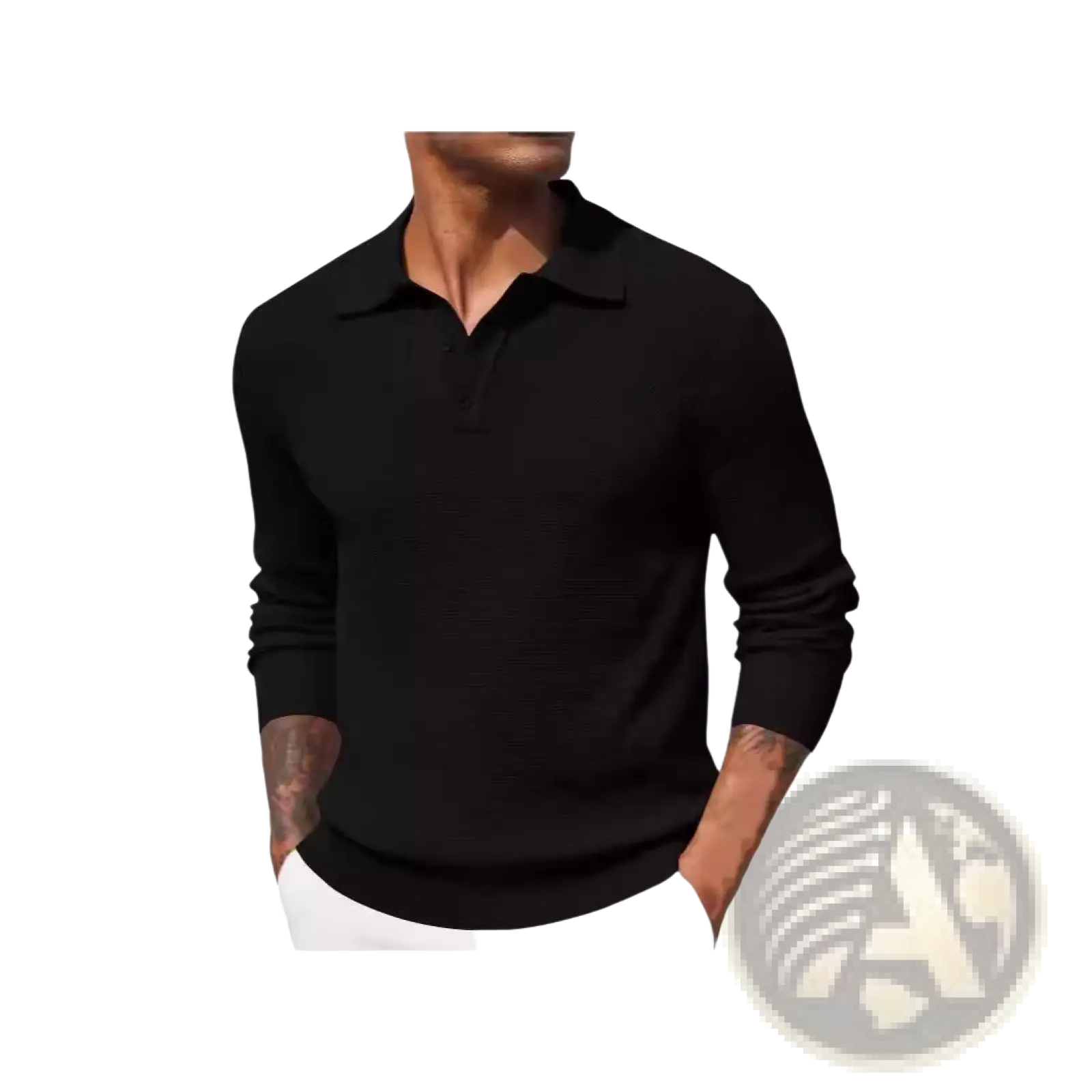 Men long sleeve knit polo shirt in black with classic collar and ribbed cuffs perfect for casual and formal wear