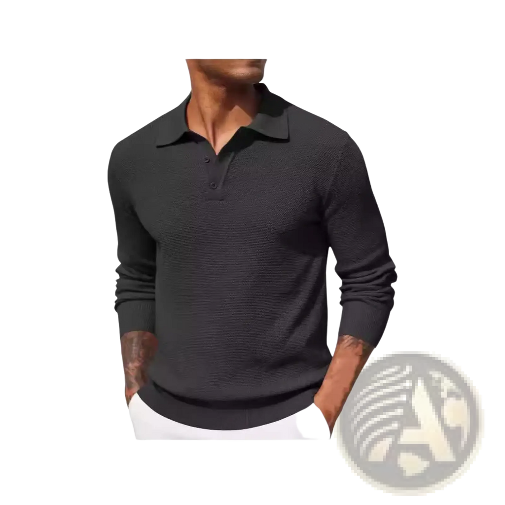 Men long sleeve knit polo shirt in black featuring textured fabric classic collar and button placket
