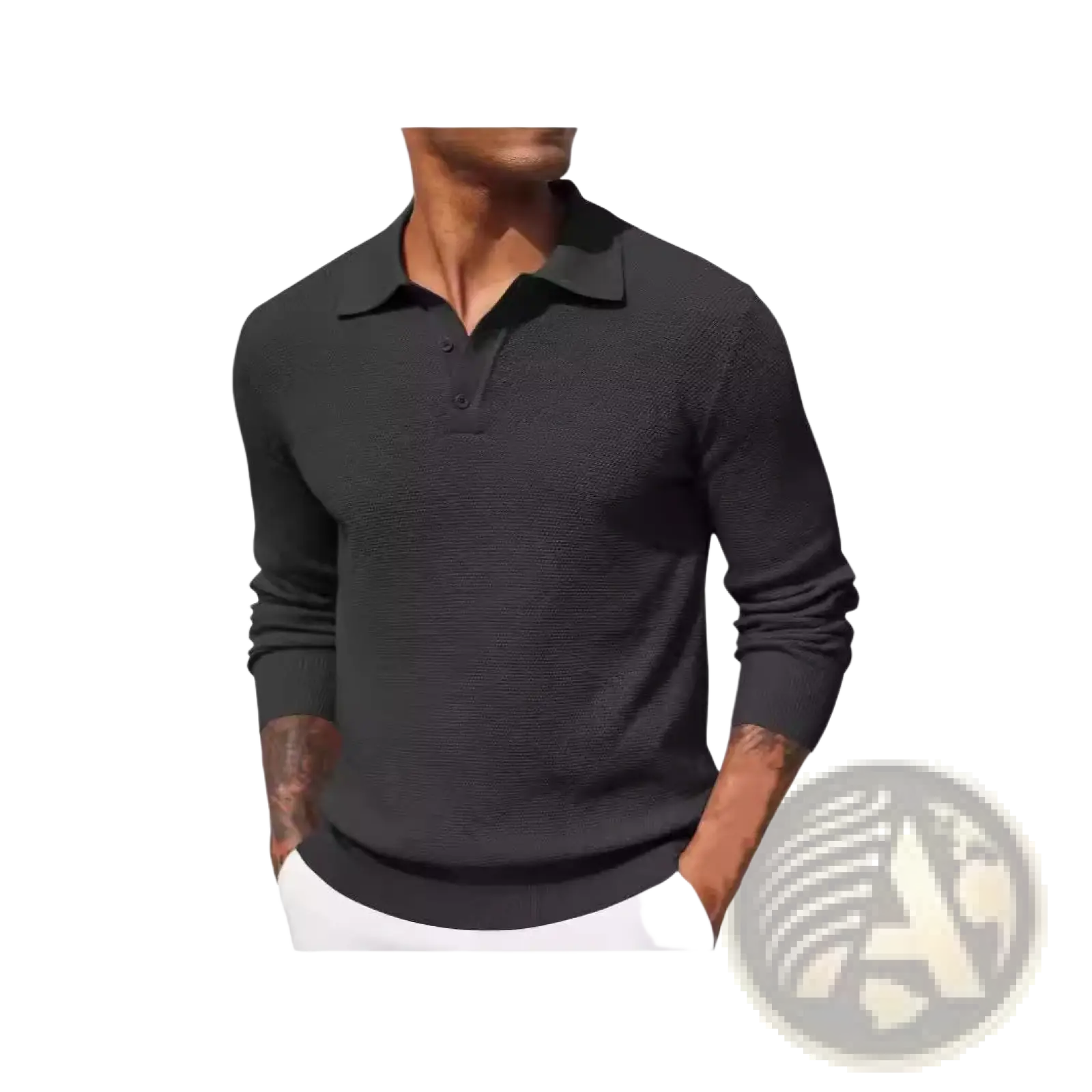 Men long sleeve knit polo shirt in black featuring textured fabric classic collar and button placket