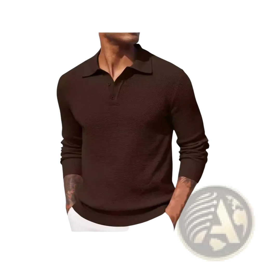 Men long sleeve knit polo shirt in dark brown with ribbed texture and three-button placket for casual wear