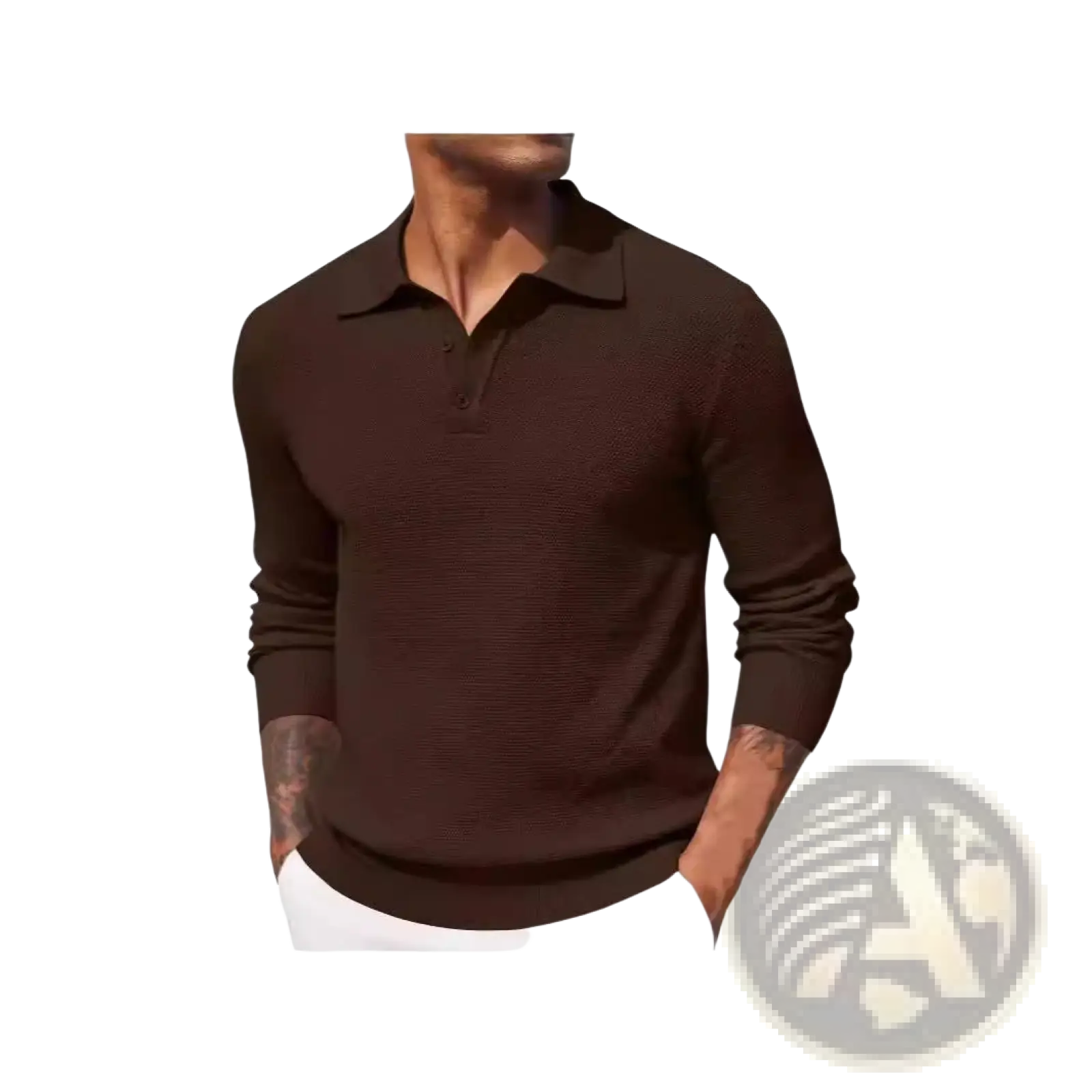 Men long sleeve knit polo shirt in dark brown with ribbed texture and three-button placket for casual wear