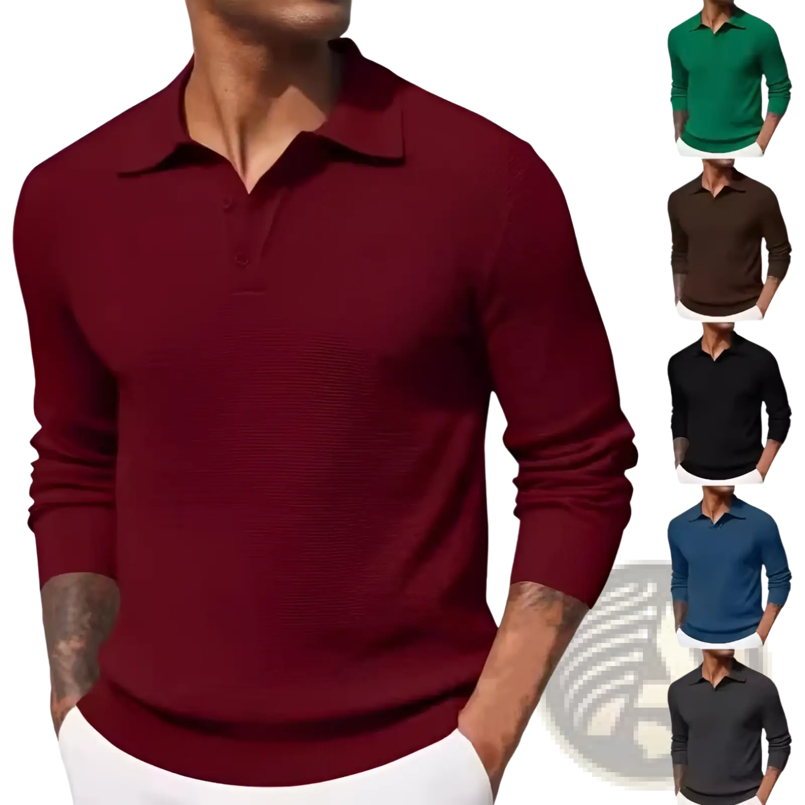 Maroon long sleeve knit polo shirt with ribbed texture and classic collar for men