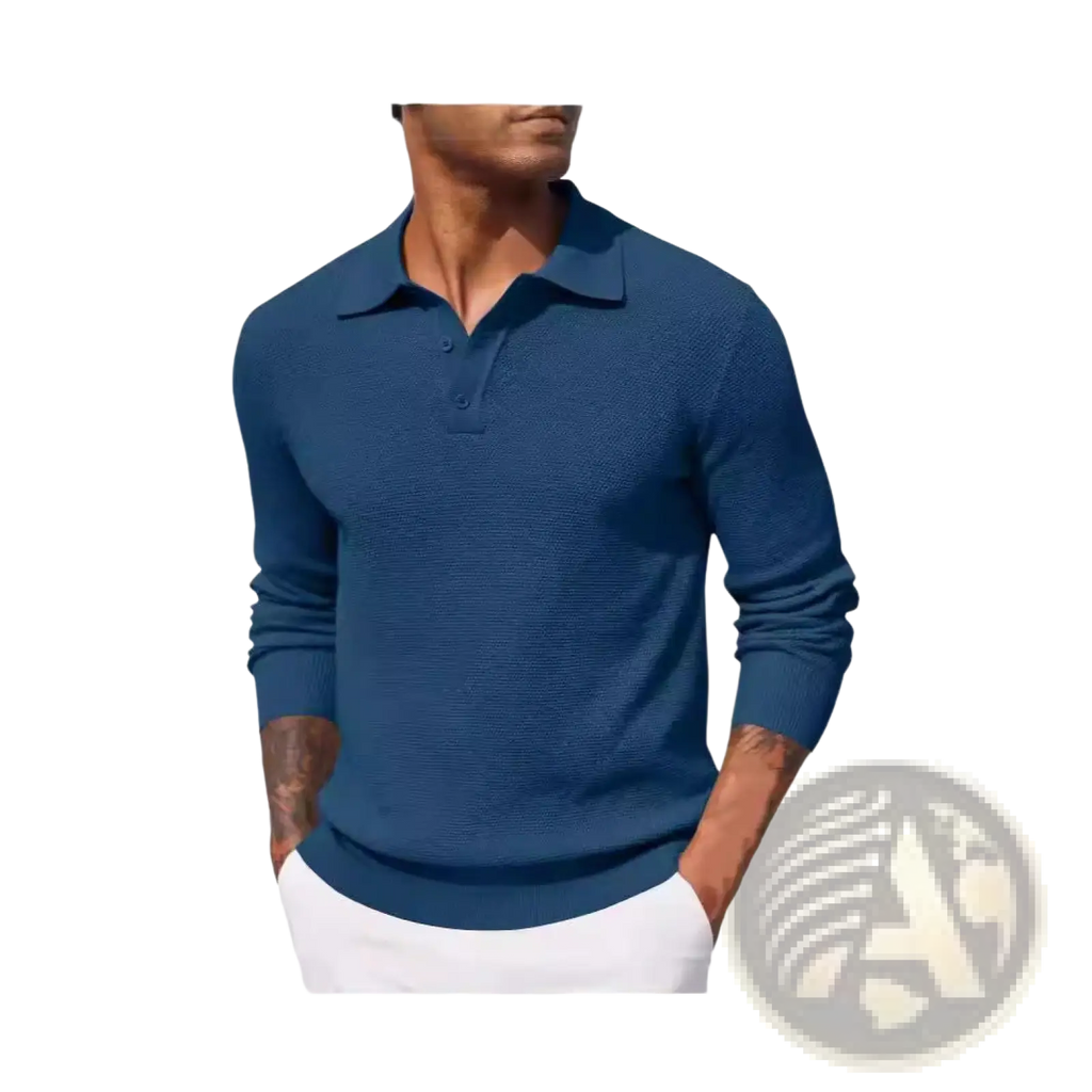 Men long sleeve knit polo shirt in navy blue featuring a textured knit pattern and two-button placket
