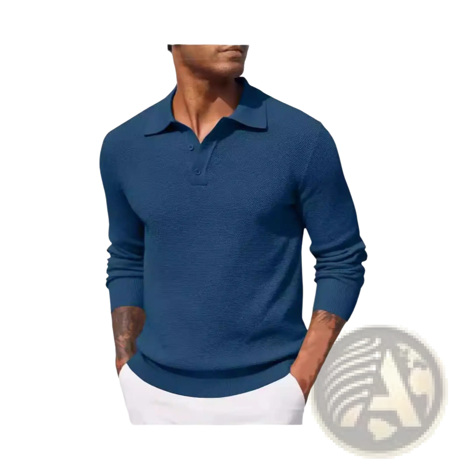Men long sleeve knit polo shirt in navy blue featuring a textured knit pattern and two-button placket