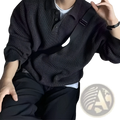 Men long sleeve dark gray ribbed knit polo sweater with collar and three black buttons for stylish casual wear