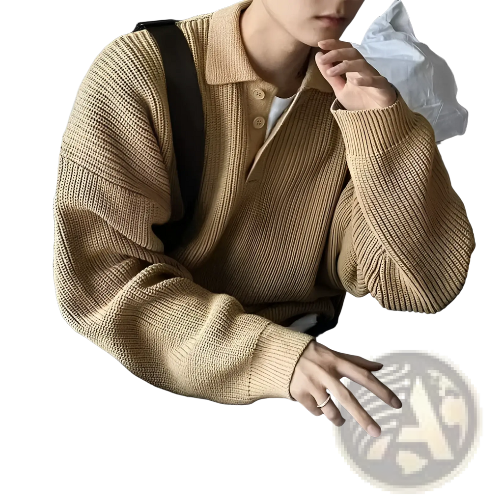 Men long sleeve knit polo sweater in beige ribbed knit with collar and button front for casual wear