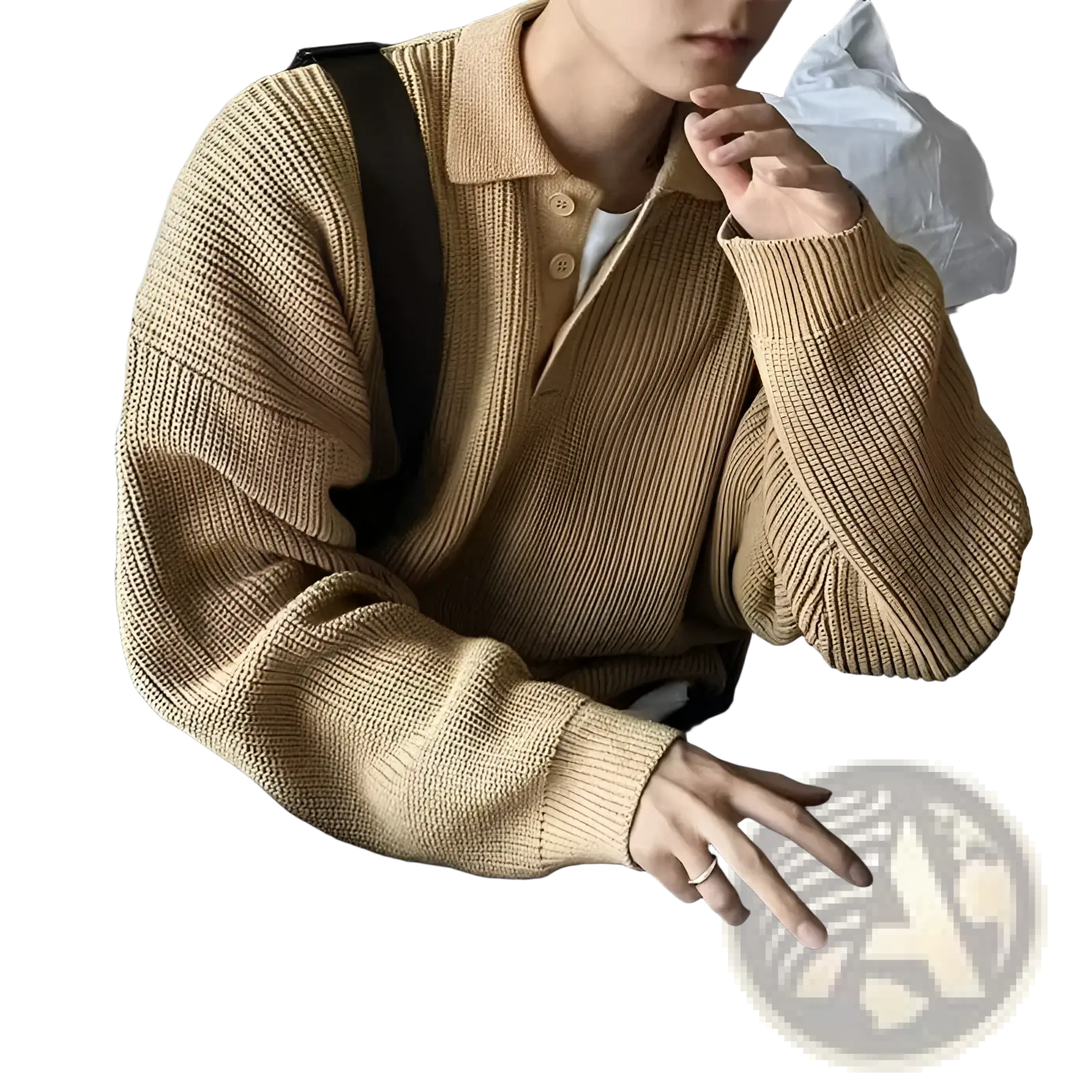 Men long sleeve knit polo sweater in beige ribbed knit with collar and button front for casual wear
