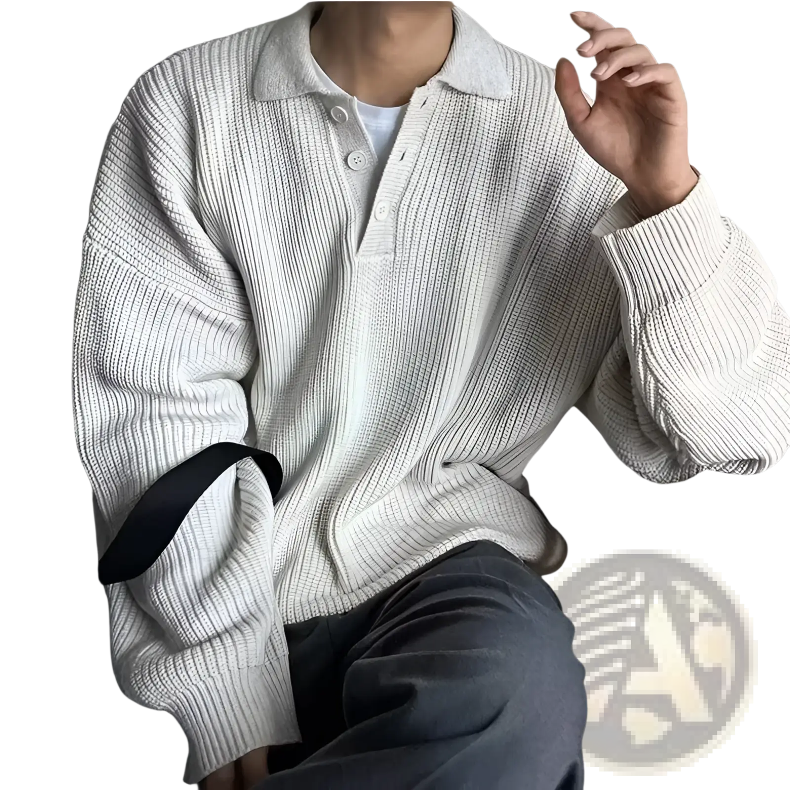 Men long sleeve knit polo sweater in off-white ribbed knit with classic collar and button placket
