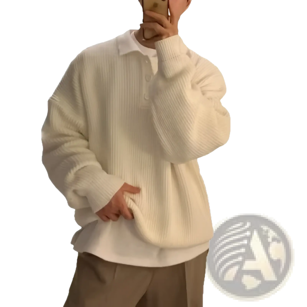 Men long sleeve knit polo sweater in cream color featuring ribbed texture, classic collar, and button placket
