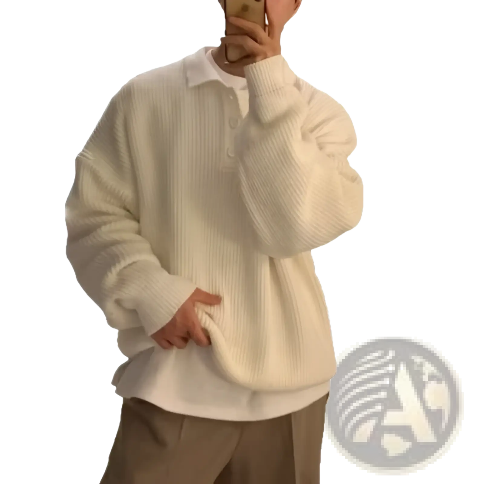Men long sleeve knit polo sweater in cream color featuring ribbed texture, classic collar, and button placket