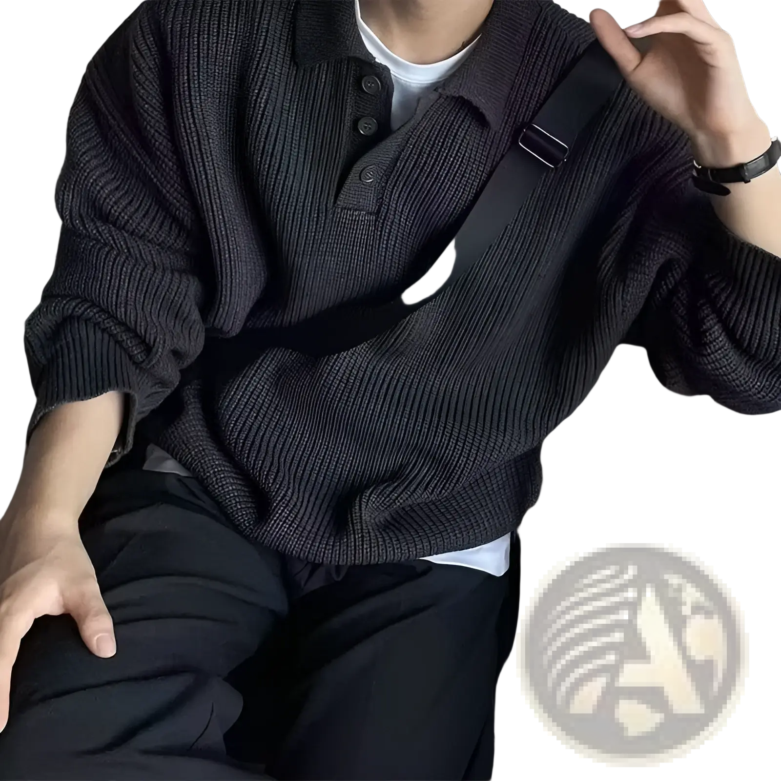 Men long sleeve knit polo sweater in dark gray ribbed fabric with a collar and three black buttons