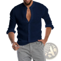 Men long sleeve navy blue linen button-down shirt with mandarin collar and rolled sleeves for casual wear