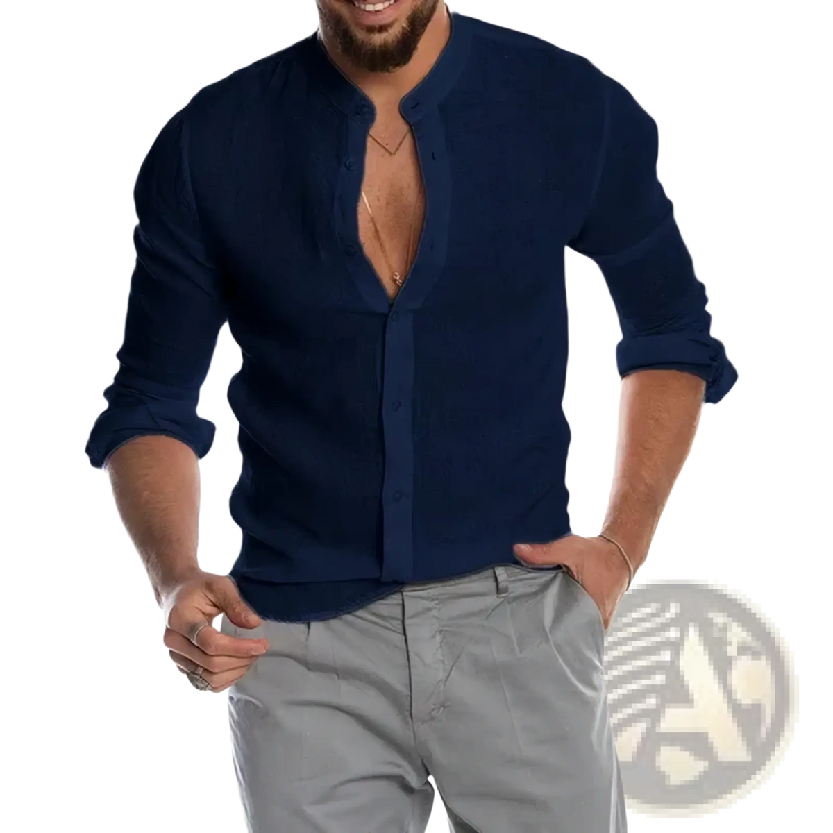 Men long sleeve navy blue linen button-down shirt with mandarin collar and rolled sleeves for casual wear