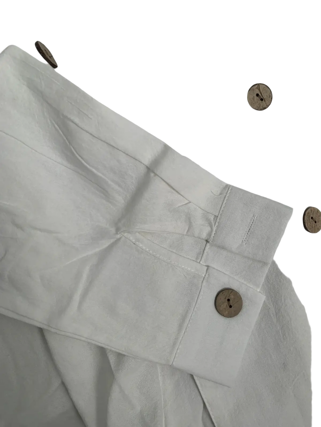 Men long sleeve linen mandarin collar casual shirt in white cotton with natural wood-tone buttons